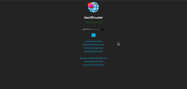 A screenshot of Gem2Browser's front page